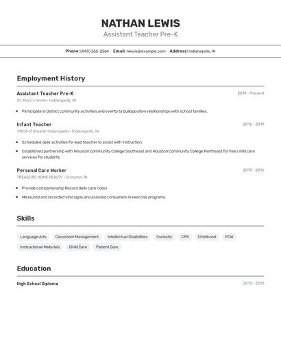 Assistant Teacher Pre-K Resume