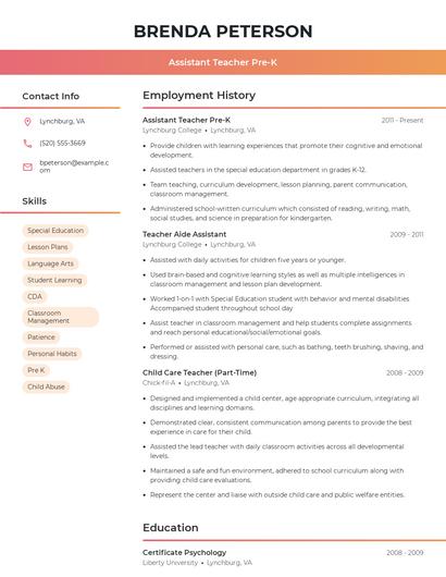 Assistant Teacher Pre-K Resume