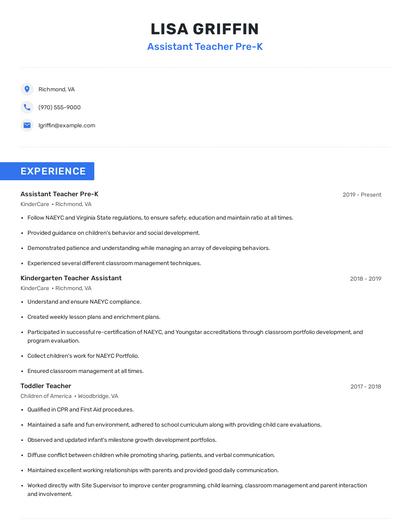 Assistant Teacher Pre-K Resume