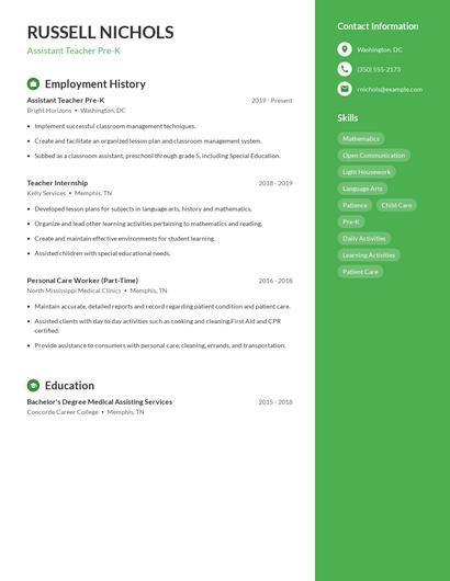 Assistant Teacher Pre-K Resume