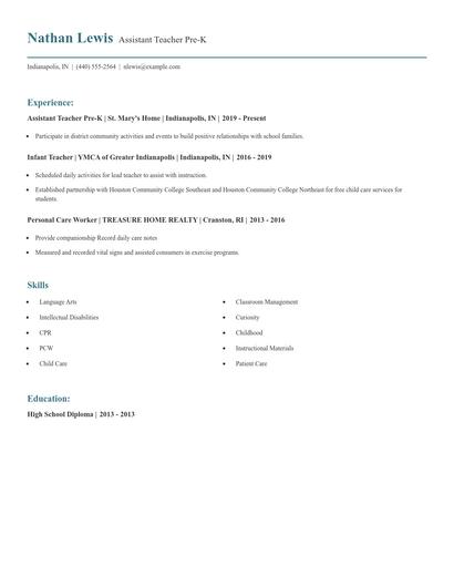 Assistant Teacher Pre-K Resume