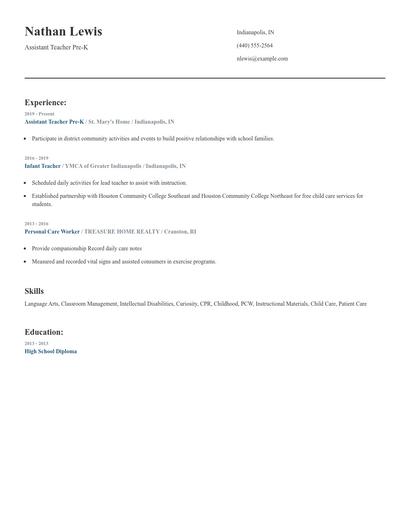 Assistant Teacher Pre-K Resume