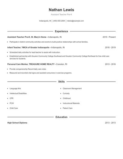 Assistant Teacher Pre-K Resume