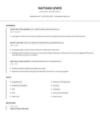 Assistant Teacher Pre-K Resume