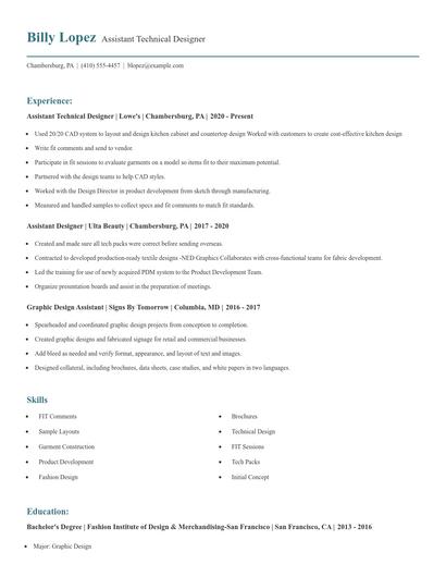Assistant Technical Designer Resume
