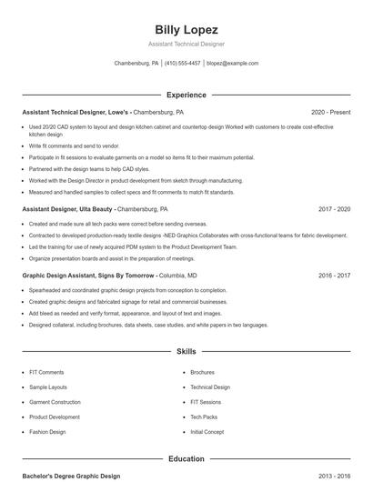 Assistant Technical Designer Resume