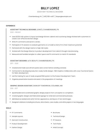 Assistant Technical Designer Resume