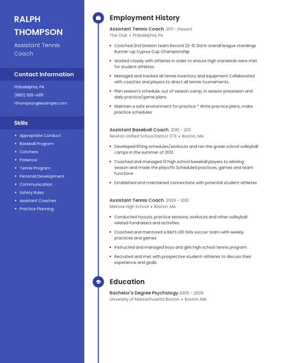 Assistant Tennis Coach Resume