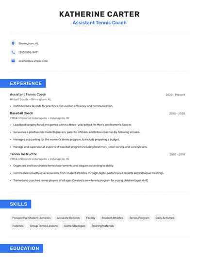 Assistant Tennis Coach Resume