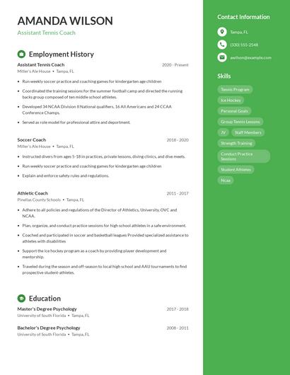 Assistant Tennis Coach Resume