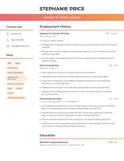 Assistant To Athletic Director Resume