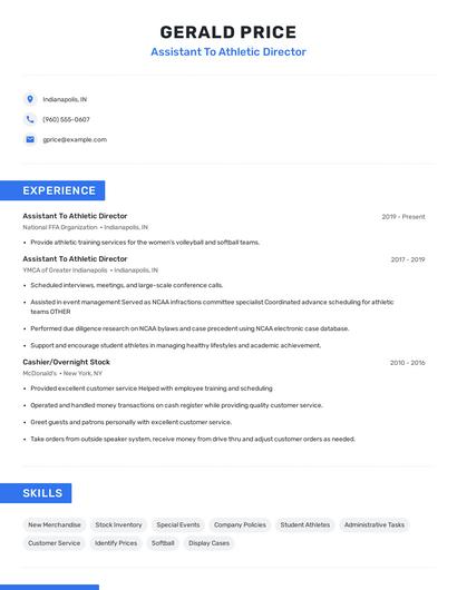 Assistant To Athletic Director Resume