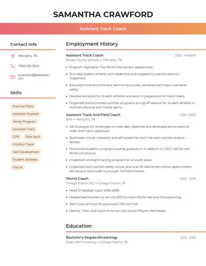 Assistant Track Coach Resume