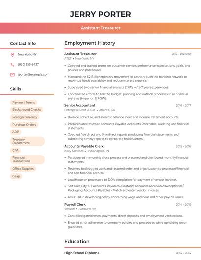 Assistant Treasurer Resume