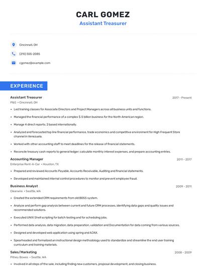 Assistant Treasurer Resume