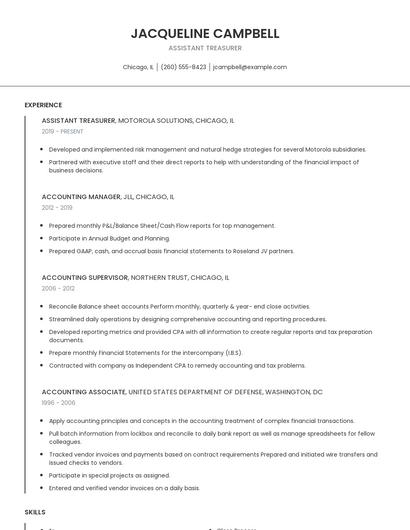 Assistant Treasurer Resume
