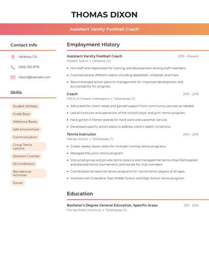 Assistant Varsity Football Coach Resume