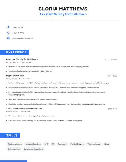 Assistant Varsity Football Coach Resume