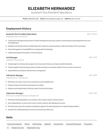 Assistant Vice President Operations Resume