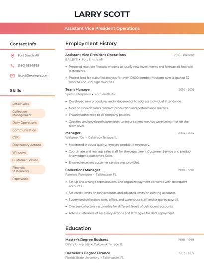 Assistant Vice President Operations Resume