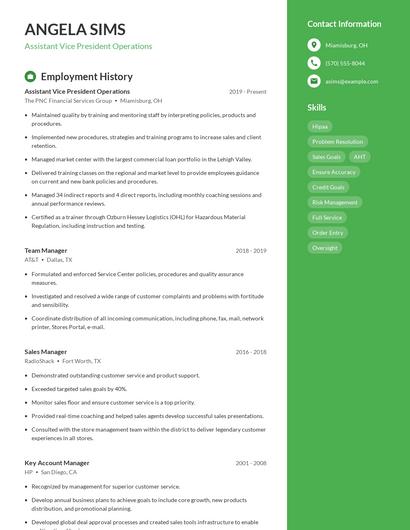 Assistant Vice President Operations Resume