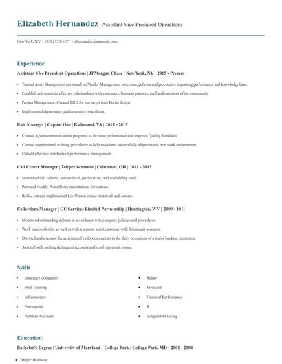 Assistant Vice President Operations Resume