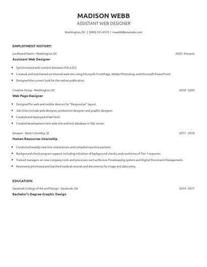 Assistant Web Designer Resume
