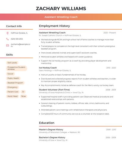 Assistant Wrestling Coach Resume