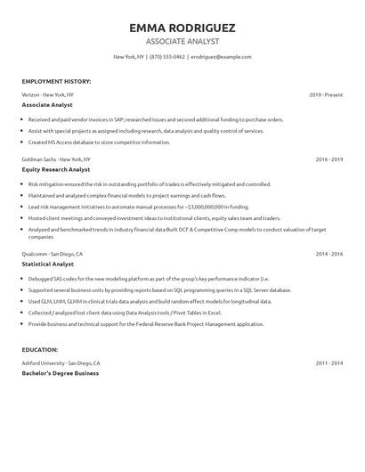 Associate Analyst Resume