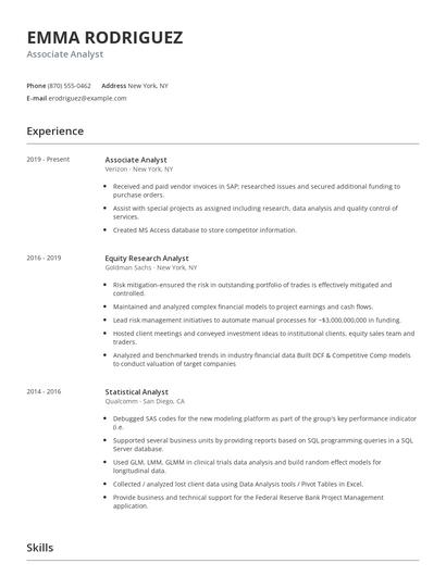 Associate Analyst Resume