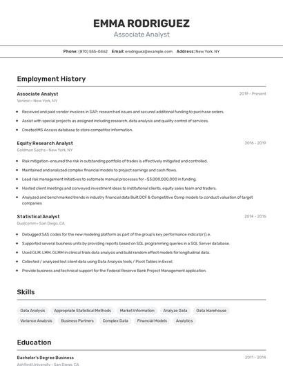 Associate Analyst Resume