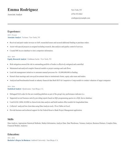 Associate Analyst Resume