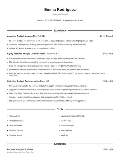 Associate Analyst Resume
