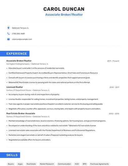 Associate Broker/Realtor Resume