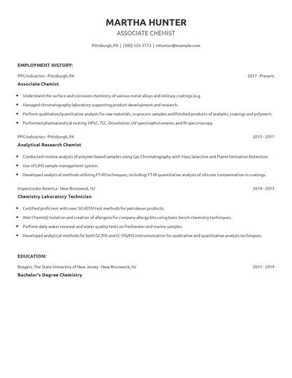Associate Chemist Resume
