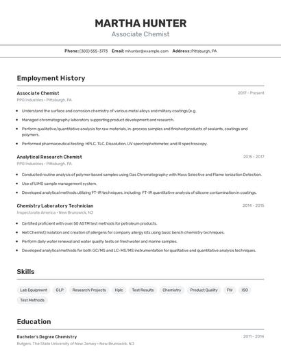 Associate Chemist Resume