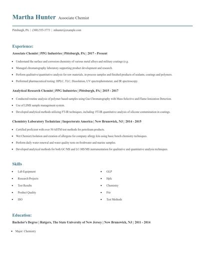 Associate Chemist Resume