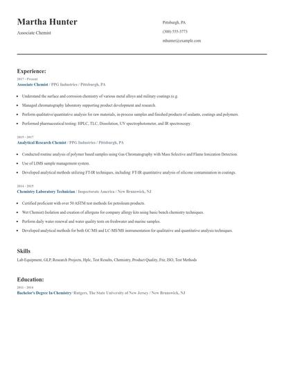 Associate Chemist Resume