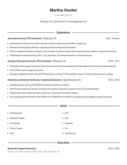 Associate Chemist Resume