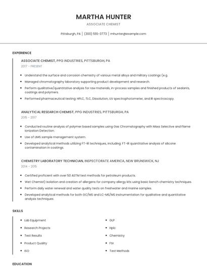 Associate Chemist Resume