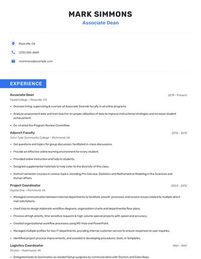 Associate Dean Resume