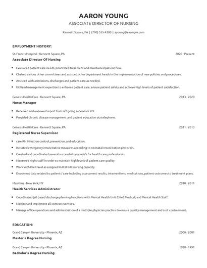 Associate Director Of Nursing Resume