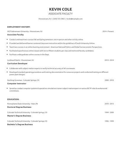 Associate Faculty Resume