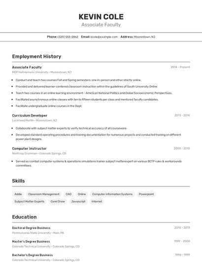 Associate Faculty Resume