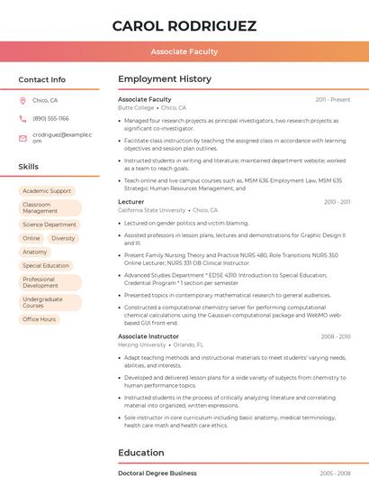 Associate Faculty Resume