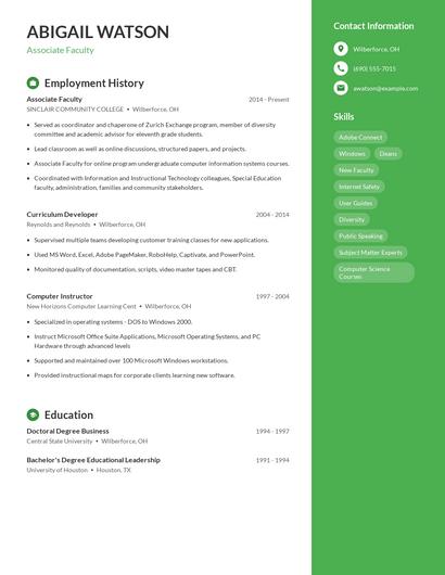 Associate Faculty Resume