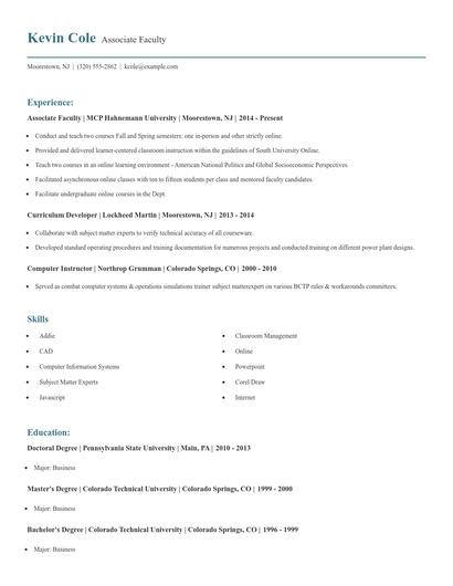 Associate Faculty Resume