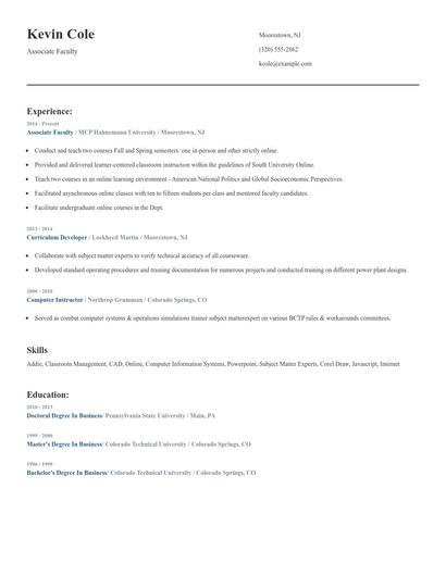 Associate Faculty Resume