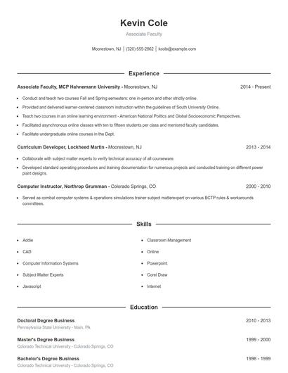 Associate Faculty Resume