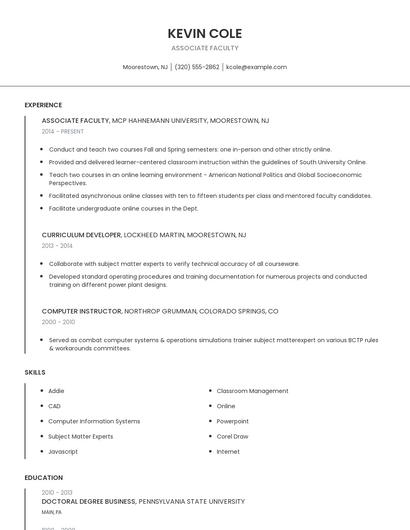 Associate Faculty Resume